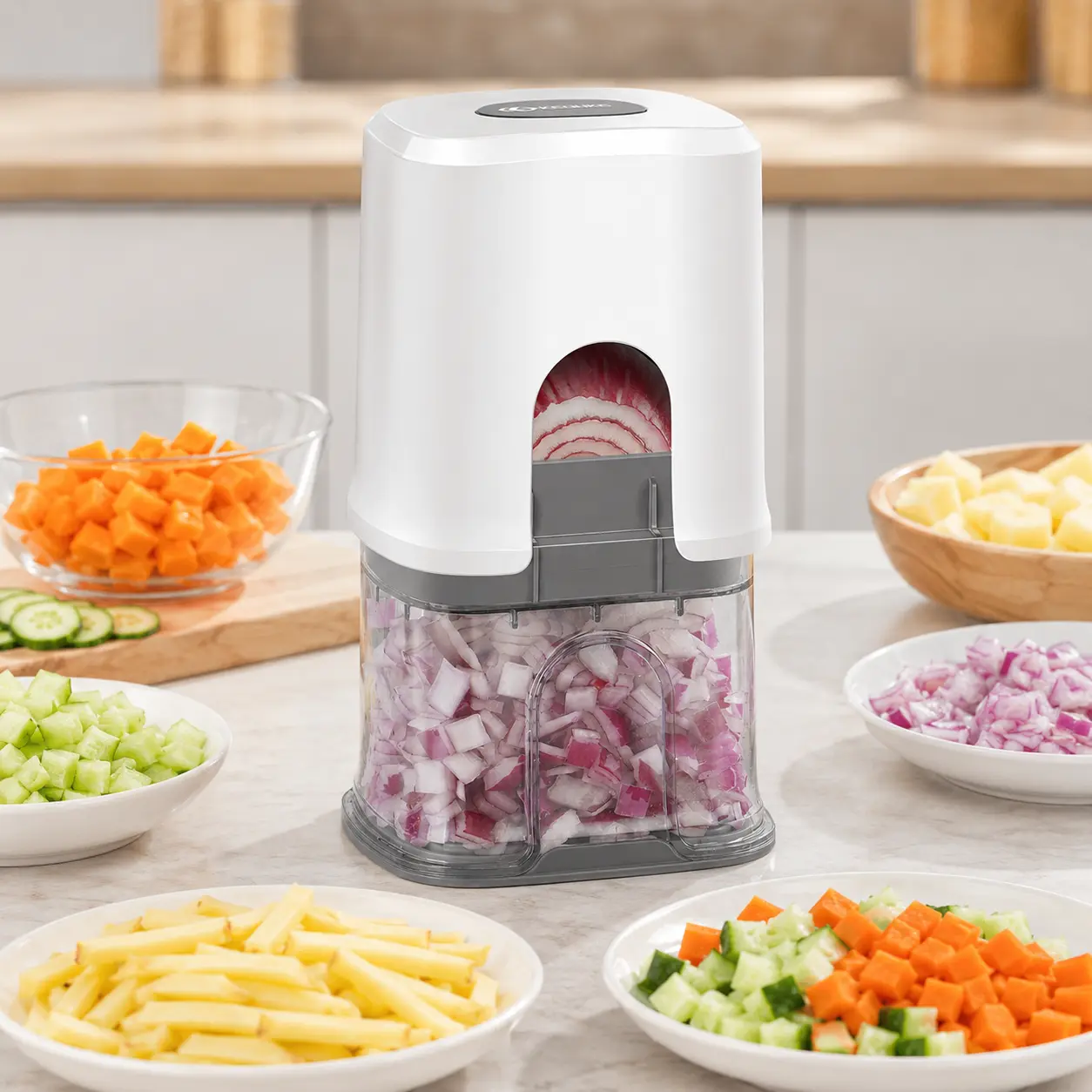 KEOUKE Manual Vegetable & Fruit Chopper - Single Unit Home Kitchen Tool with 3 Interchangeable Blades, Container, Storage Box Tidy, Onion Dicer, Potato French Fry Cuts