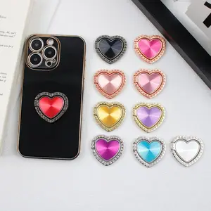 Creative diamond-encrusted heart-shaped ring holder phone stand - adhesive push-pull stand - everyday desktop support stand - exquisite and practical - Cell Phone Mount