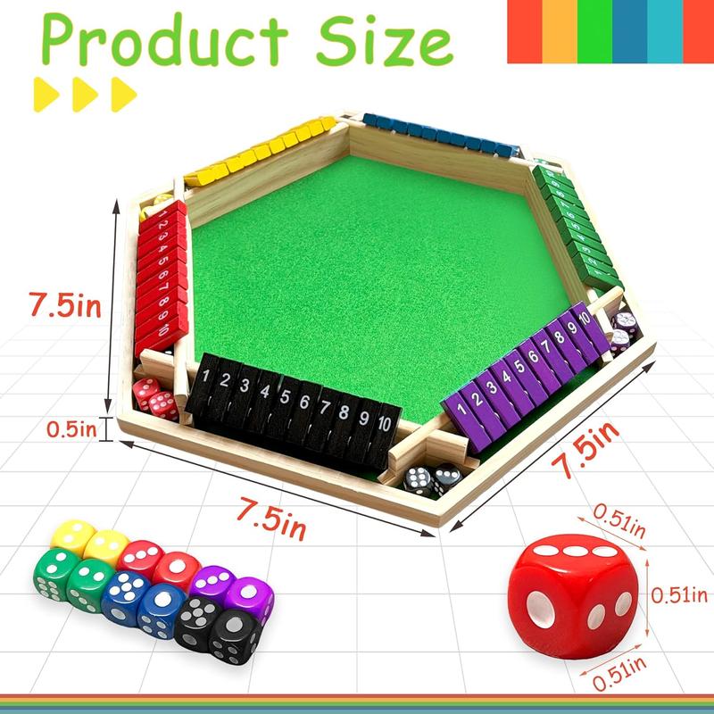 Shut The Box – Colorful Wooden Board Game for 6 Players with 12 Dice, Educational Math & Number Fun for Kids, Adults, Family, Party Game (Instructions Included)