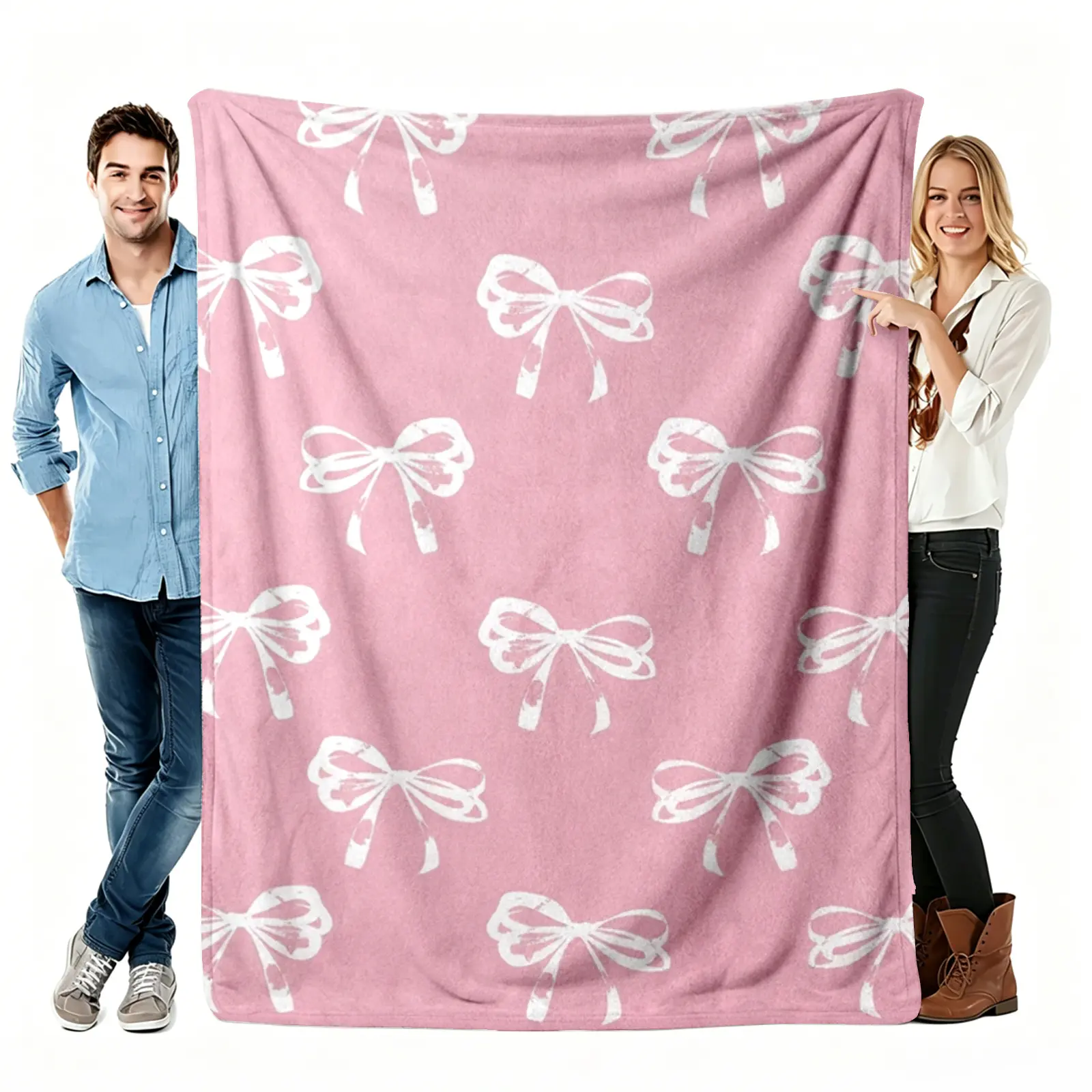 Coquette Bow Element Throw Blanket - Pink White Vintage Flannel, Soft Cozy Warm, Distressed Ribbon Aesthetic, Decorated Graphic Cottagecore Gift Throws, Girly Gift for Her, French Bedroom Living Room Couch Decor, Bow Element Throws, Cottagecore Throws