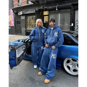 New Royal Blue Hoodies Mens Womens Pants Two Piece American Y2K Streetwear Vintage Loose Set Tracksuit Men Clothing