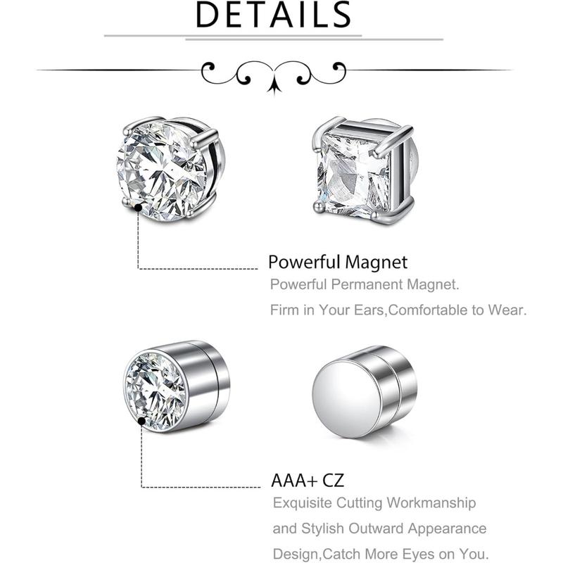 4 Pairs Stud Earrings Fake Cubic Zirconia Diamond Earrings for Women Men Silver