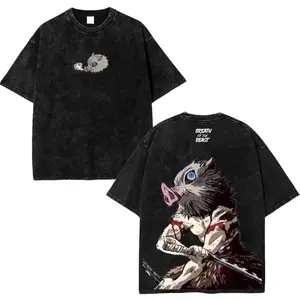 Men's Stylish Demon Slayer Kimetsu No Yaiba Inosuke Hashibira Beast Breathing V4 Oversized Round Neck Shortsleeve Top, Soft Cotton Menswear Streetwear Apparel with Double-Printed Acid-Washed 90s Graphic & Classic Ribbed Seamless Design