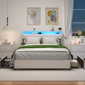 Full Size Bed Frame with Outlets & Charger & LED Light, Metal Full Platform Bed Frame with 4 Storage Drawers and Ergonomic Headboard, Full Bed Frame with Storage Shelf, Bed Frame Full Size, Noise-Free, No Box Spring Needed,White