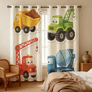 2PCS Cute Cartoon Construction Truck Decorative Curtains, Kids Vehicle Window Drapes, Easy to Open & Detach, Gentle Cycle Washable, Curtains for Bedroom, Hotel, Homestay & Attic, Perfect Housewarming Birthday Christmas Gift
