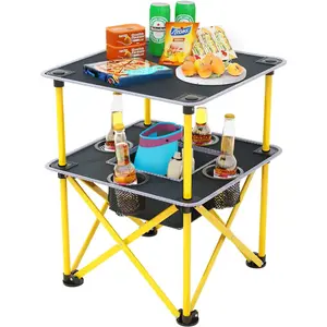 Folding Camping Table with 4 Cup Holders, Lightweight Portable Beach Outdoor Picnic Table, Square Camp Table with Built-in Food Basket Travel Bag for BBQ, Camping, Tailgate