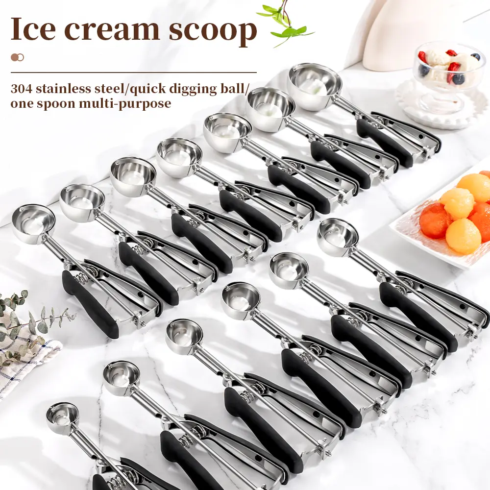 1 piece of 3/3.5/4/5/6/7/8cm multiple sizes stainless steel ice cream scoop with TPR non-slip handle, Utensils, multi-functional baller for watermelon, honeydew, dragon fruit, cookies, dough, meatballs, fruit scoop