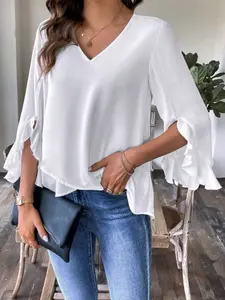 Elegant solid color sweetheart neck pullover flared lace sleeves daily commuting women's tops shirt