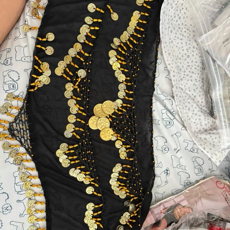 Belly Dance Hip Scarf in Black Chiffon with Gold Coins for Authentic Performance, Lightweight Skirt Wrap for Dancers