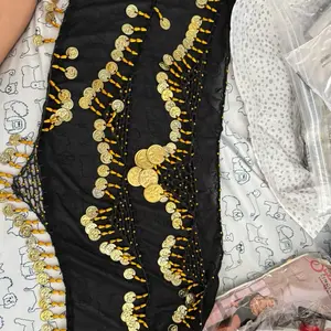Black Chiffon Belly Dance Hip Scarf with Gold Coins, All Season Scarves, for Authentic Performance