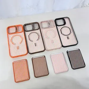 Pink Aesthetic Vertical Stripe MagSafe Phone Case & Magnetic Card Holder Wallet, Shockproof Protective Cover for iPhone 17/16 Pro Max Black