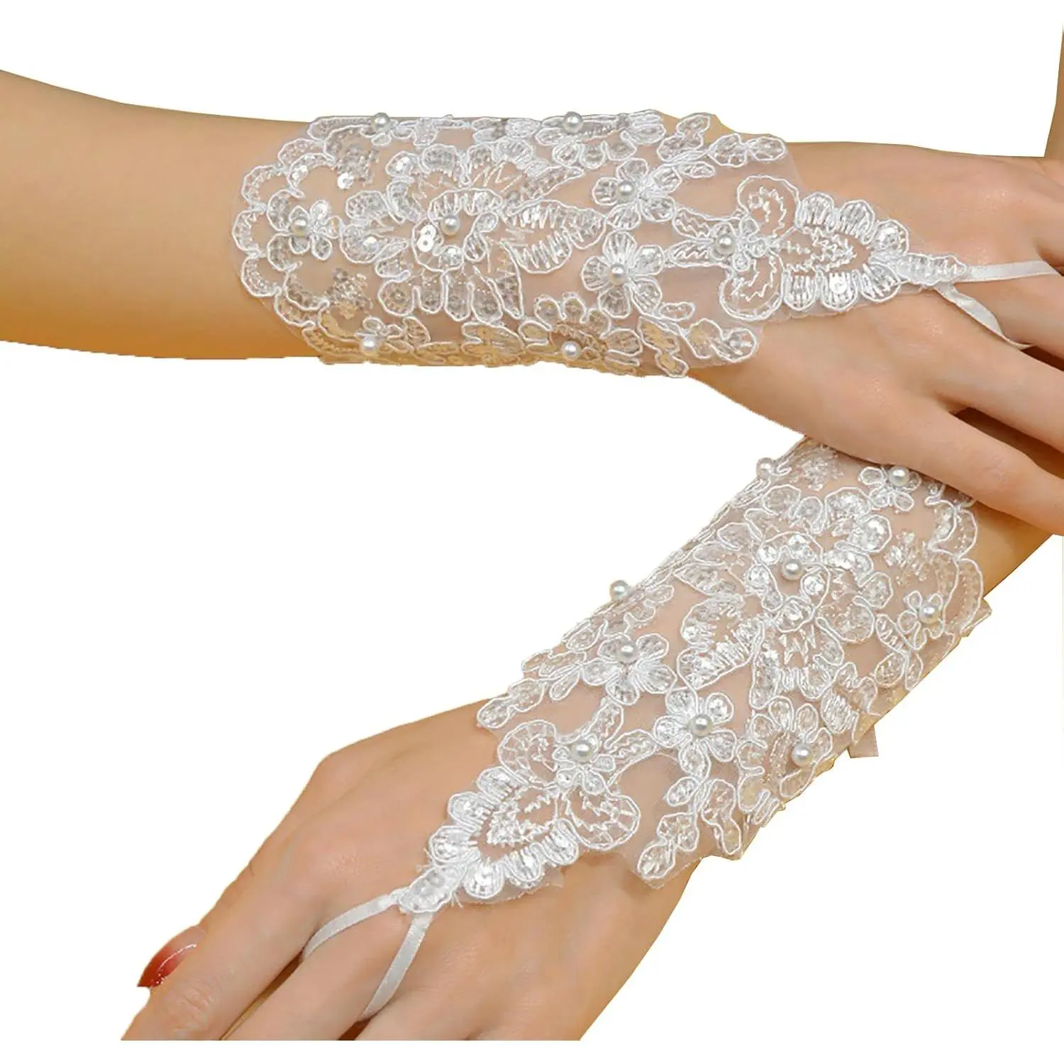 Fingerless Lace Gloves for Women - White Pearl Bridal Floral Cosplay Prom Wedding Party Accessories 1 Pair, One Size