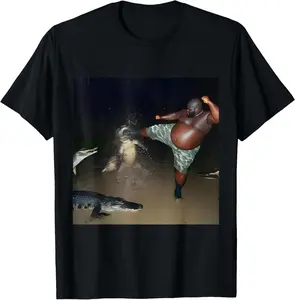 Men's 100% Cotton Short-Sleeve Round Neck Distressed Streetwear T-Shirt, Unisex Funny Graphic Top with Oddly Specific Man Kicking Alligator in Swamp Meme, Casual Vintage Style, Shortsleeve