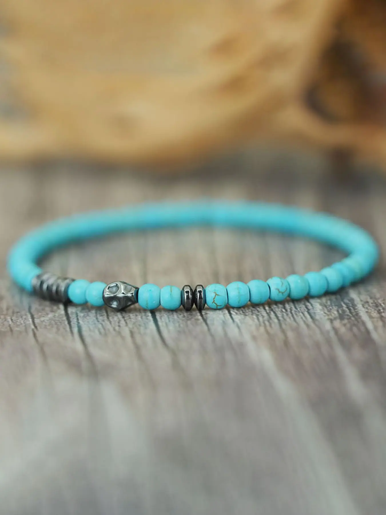 Gothic Rock Skull Beaded Bracelet, Obsidian Turquoise Natural Stone Jewelry, Elastic Stretchy Handmade Accessory, Stackable bracelets, Adjustable Stack Bracelets