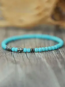 Gothic Rock Skull Beaded Bracelet, Obsidian Turquoise Natural Stone Jewelry, Elastic Stretchy Handmade Accessory, Stackable bracelets, Adjustable Stack Bracelets