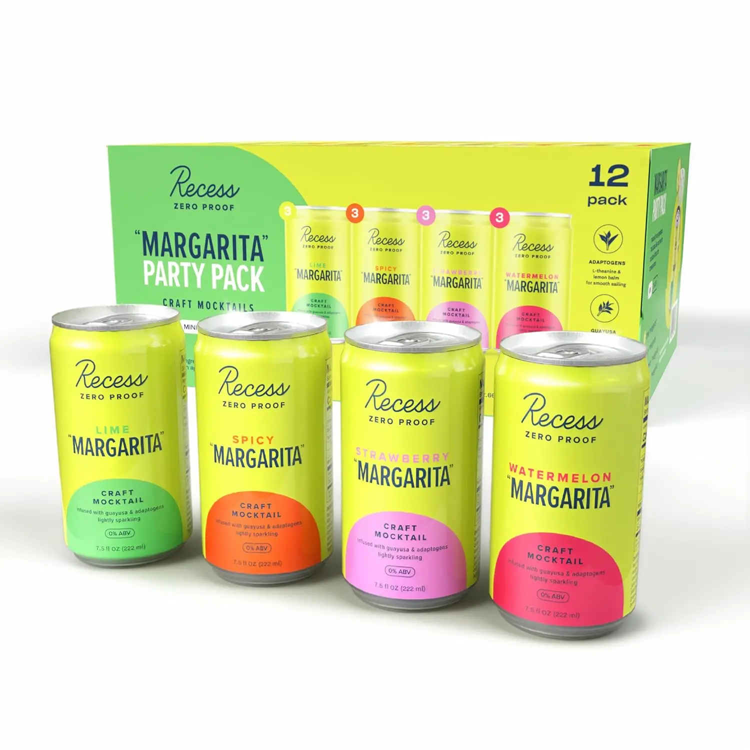 Recess Zero Proof Margarita Party Pack, 12 x 7.5oz Mini Cans, Non-Alcoholic Adaptogen Drink, Refreshing Mocktail Mixer for Celebrations