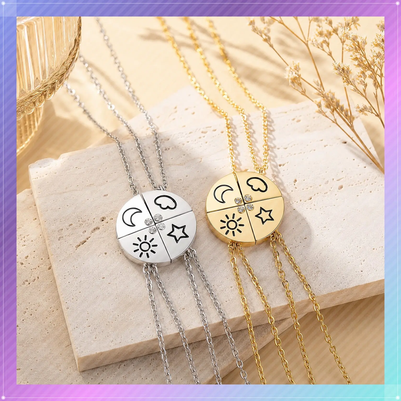 Sun, Moon, Star & Cloud Puzzle Magnetic Necklace Set for 4, Best Friend & Sister Jewelry, Gold/Silver Matching Necklaces, Unique Puzzle Piece Design for 4 Besties, Perfect Birthday & Friendship Gift
