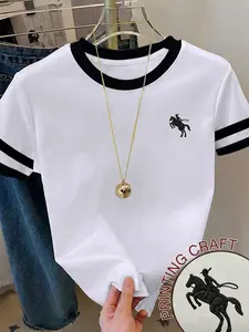 Women's Colorblock Pattern T-Shirt, Trendy Contrast Edge Design, Casual Streetwear & Vacation, Slim-Fitting Style