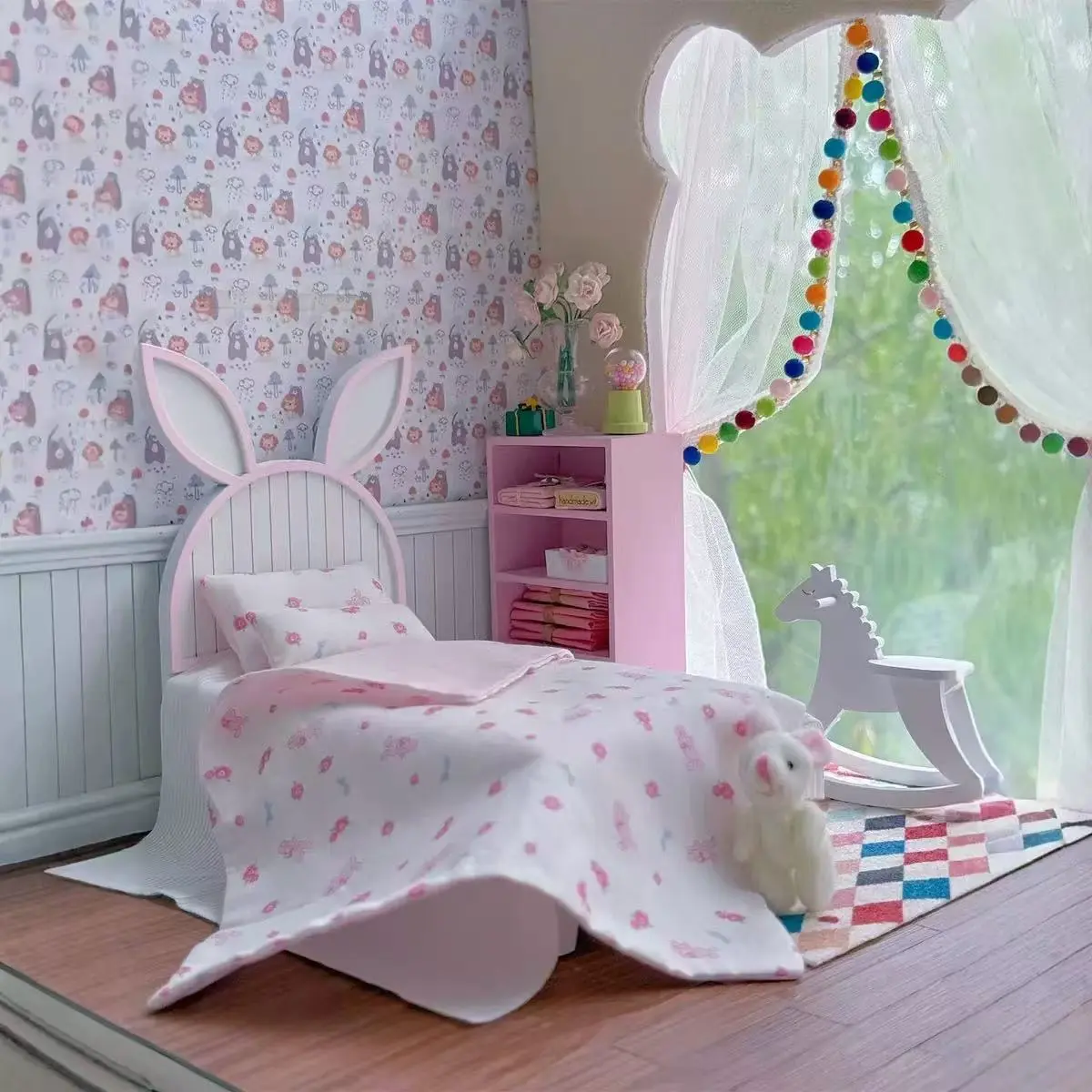 1:12 Scale Miniature Wooden Rabbit Bed, White Cute Dollhouse Single Bed with Pink Bunny Ears Headboard, Modern Nursery Bedroom Furniture Accessories for Doll House Decor