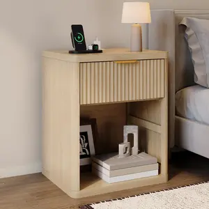 Garvee Fluted Nightstand with Charging Station, Bedside Table with Drawers and Open Storage Space, Metal Handles and Rounded Corners for Safety, Side Tables, End Table Bedroom