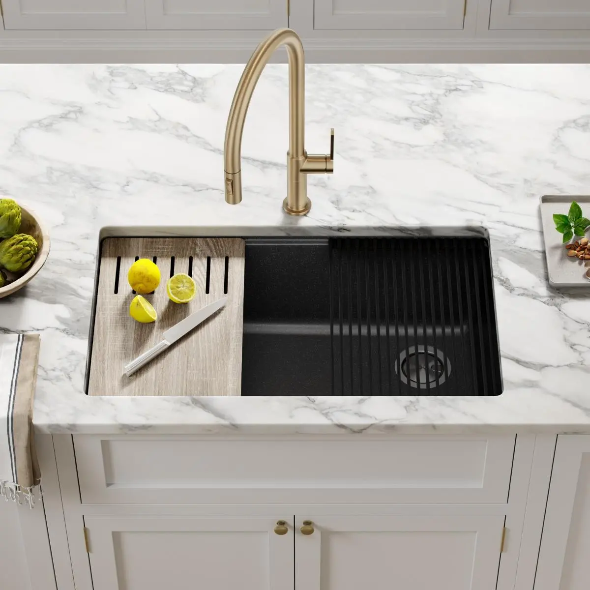 212 MAIN 32 in. Bellucci Durable Workstation Undermount Granite Composite Single Bowl Kitchen Sink Complete Kit, Metallic Black, with 1 HP WasteGuard Continuous Feed Garbage Disposal, Magnagrind 3800 RPM Motor, Power Cord, Drain & Dishwasher Connectors
