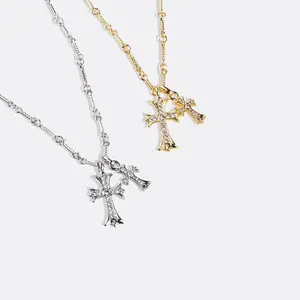 Double Cross NecklaceFOR Woman and Man Irregular Diamond Embedding Trend Hip Hop Fashion Retro Pendant Necklace