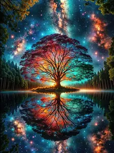 5D DIY Full Drill Diamond Painting Kit Galaxy Tree of Life Lake Reflection Art Craft for Adults Home Wall Decor
