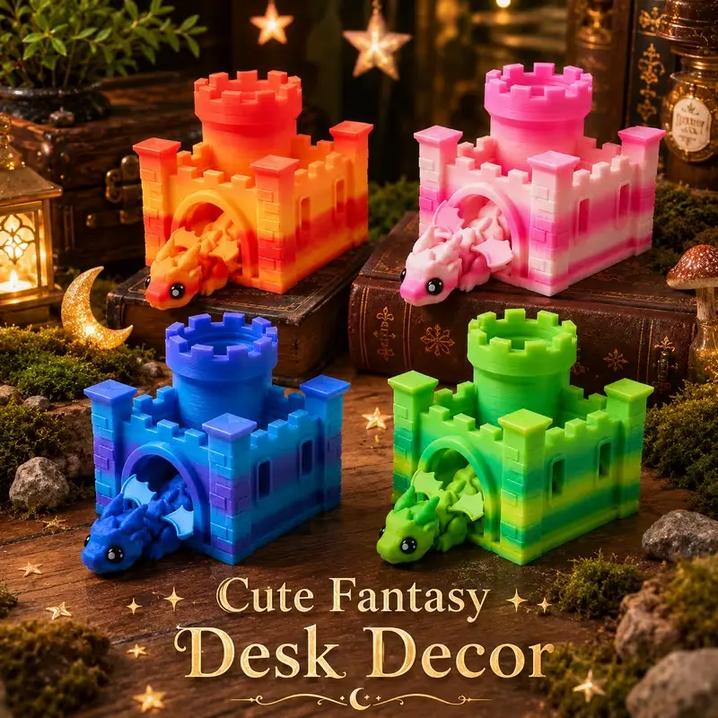 1 pc 3D Printed Castle Dragon Decor, Whimsical Dragon Castle Ornament, Fantasy Desktop Display Piece, Colorful Shelf Accent for Home Office