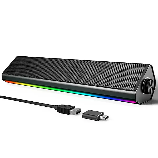 Wireless Soundbar for PC, Bluetooth 5.0 Computer Speaker with RGB Breathing Light, Touch Control, Volume Knob and USB Connection, HiFi Stereo Desktop Gaming Speaker for Laptop and Monitor