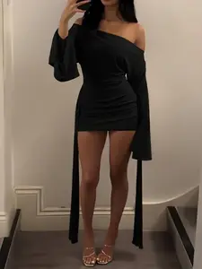 Fashionable Casual Knit Slanted Shoulder Collar Solid Color Long Sleeve Tie-Up Decorated Bodysuit Dress Women's Versatile Spring New Flared Sleeve Dresses, Casual Wear