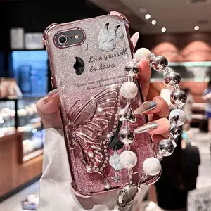 Fashion Strap Lanyard Elegant Butterfly Glitter PC Phone Holder Case with Impact Resistant Protector For Compatible with iPhone 16e