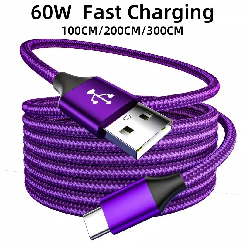 60w Fast Charging USB-C to USB-C Woven Cable, USB Fast Charge, Data Charging Cable, Data Cables, 3.0 Gen2 Type-C Male to Male, 39.37/78.74/118.11inch Length, Durable for Cellphone, Huawei, Xiaomi, Oppo