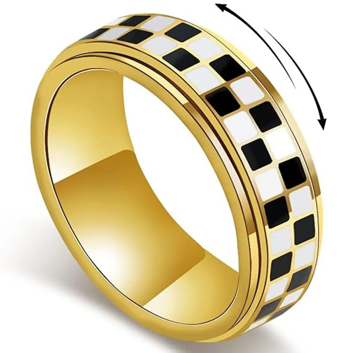 Black and white chessboard rotating ring, 6mm stainless steel anxiety relieving ring, fashionable minimalism, suitable for both men and women