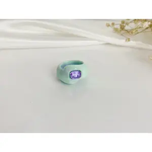 TD Dora Inlay Resin Ring for Children Princess Cut Acrylic Gemstone with Classic Religious Cute Wings Heart Design Plated Boxed