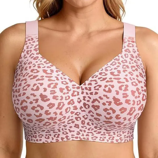 Plus Size Leopard Seamless Back Bra, Wireless Wide Strap Full Coverage Bra for Large Bust, Side Support & Anti-Spillage Everyday Lingerie S-4XL