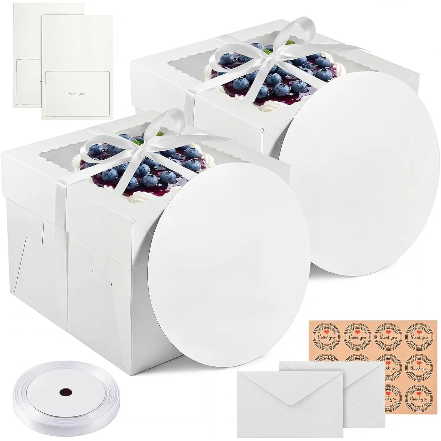 2 Pack 10 x 10 x 8 in Cake Boxes with Window & Cake Boards -- Disposable Cake Carrier Boxes with Lid, Includes Stickers, Envelopes, Greeting Cards & Ribbon -- Bakery Boxes for Cakes & Cupcakes