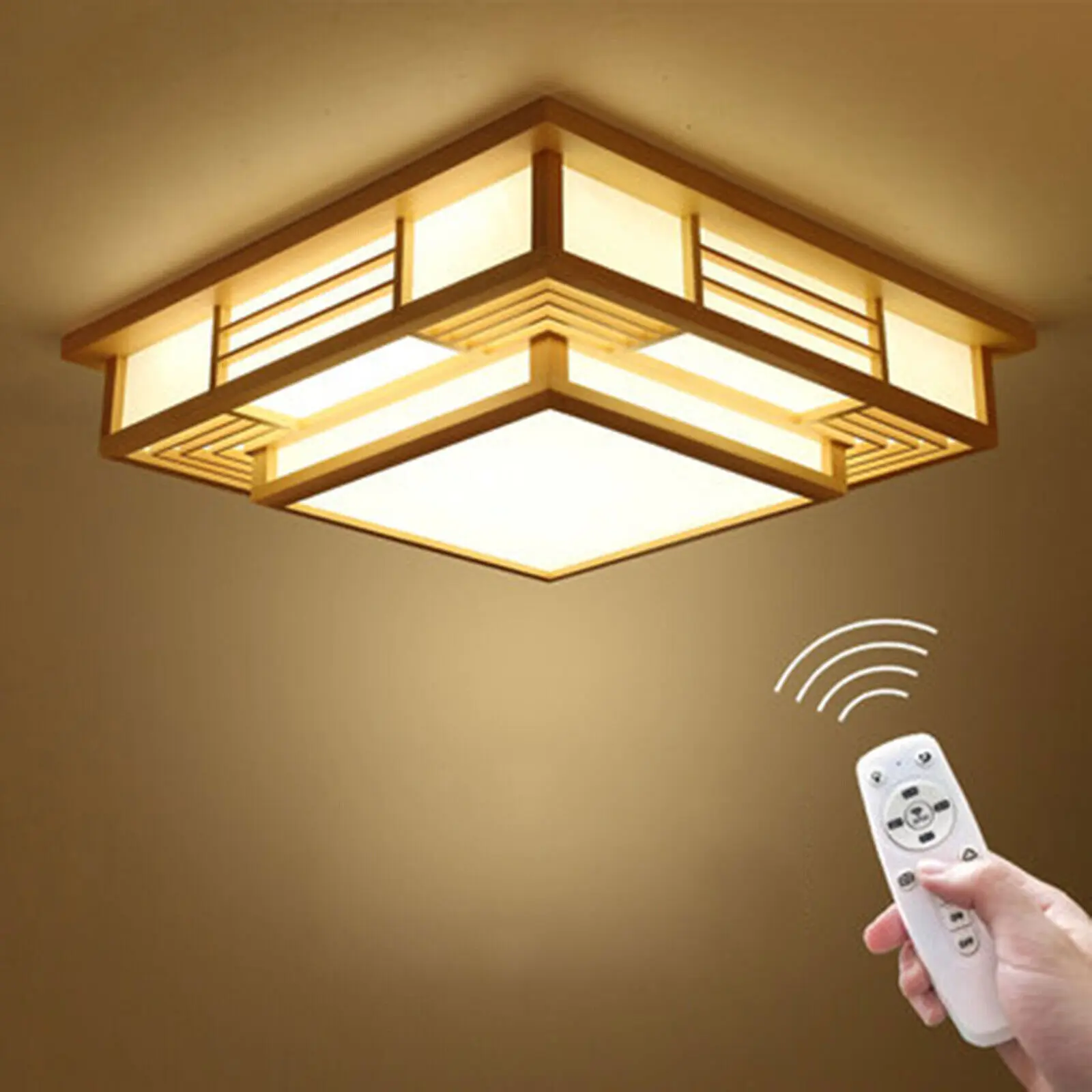 48W Dimmable LED Square Pendant Ceiling Light Fixture - 45x45x13 cm, Modern Simple Design with Wooden Accents, Remote-Controlled Adjustable Brightness Indoor Light for Home Living Room Decor, Lights