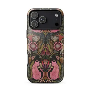 BOTANICAL CATS Phone Case Pink Leopard Jungle Pattern Tough Case for iPhone Samsung Google Pixel Polycarbonate TPU Impact Resistant Glossy Finish