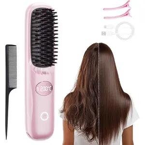 Cordless Hair Straightener Brush, Go Brush Pro, Portable Mini Straightening Brush for Women with 3 Temperature Settings LED Display, Fast Heating Hair Straightener Comb for Travel Smooth Frizz Hair