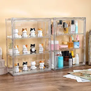 Household Transparent Display Cabinet for Collectibles, Three-layer Design, Magnetic Door, Adjustable Shelves, Stackable Dustproof Storage Rack