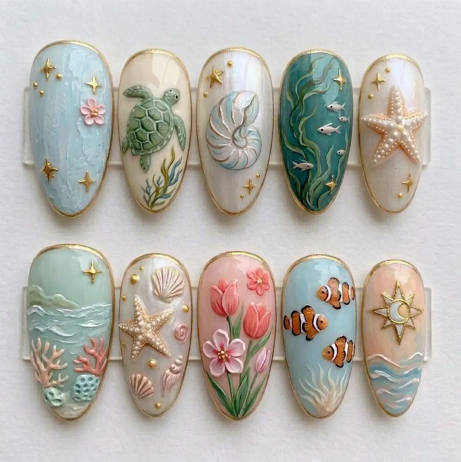 Handmade 3D Coastal Ocean Press On Nails, Pastel Sea Life Stiletto Nails Turtle Starfish Shell Gold Frame Cute Beach Nail