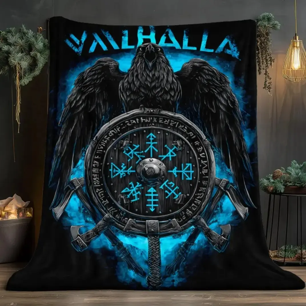 Raven Valhalla Viking Blanket – Soft Warm Flannel Throw for Sofa, Bed & Camping, HD Norse Mythology Design with Ragnar Lothbrok, Viking Ships & Runes  Cozy Gift for History, Fantasy & Holiday Season