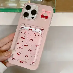 A phone case Cover with a lychee texture cardholder and cherry bow pattern, suitable for couples, compatible with iPhone models such as 11/12/13/14/16/17/15/PRO/PROMAX/PLUS/Air, etc., is a great choice for boyfriends and holiday gifts