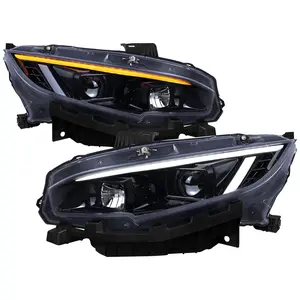 2016-2021 Honda Civic Projector Headlights w/ Switchback LED Sequential Turn Signals DRL Parking Light Strip (Glossy Black Housing  / Smoked Lens)