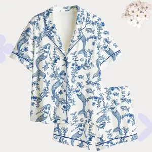 Mermaid Pajama Set Blue Toile de Jouy Sleepwear Unique Birthday Gift for Her 100% Polyester Satin Short-Sleeve Loungewear with Chest Pocket and Side Pockets - Pants