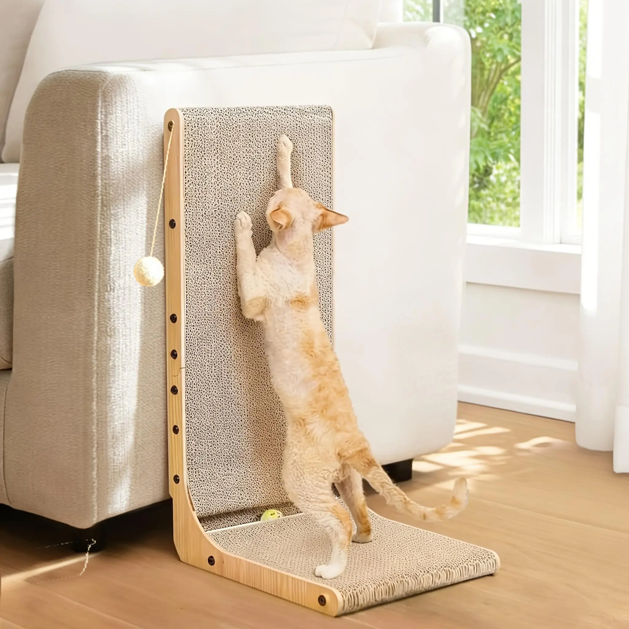 L-Shaped Wall-Mount Vertical Scratcher Pad, 24in Reversible Corrugated Cardboard with Hanging Ball Toy, Furniture-Saving for Indoor Cats