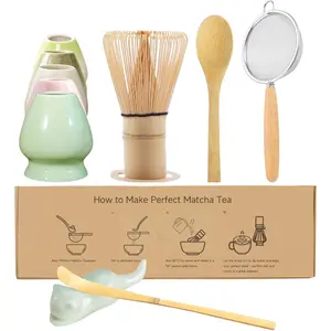 Matcha Whisk Set, 6- Matcha Making Kit, Macha  Set, (Chasen Holder), Ceramic Whisk Holder, Matcha Starter Sifter,  Scoop, Spoon   Tools For Ceremony  (Green)