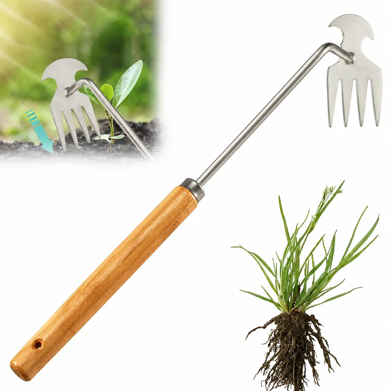 Manual Garden Weed Puller Tool with 4-Tine Claw, Curved Root Cutter, 15.75in Wooden Long Handle for Garden Beds, Lawn, Soil Loosening