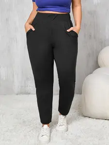【Plus Size】 Solid Pocket Sports Pants, High Waist Stretchy Casual Comfy Breathable Pants for Daily Outdoor Wear, Women's Bottoms for All Seasons