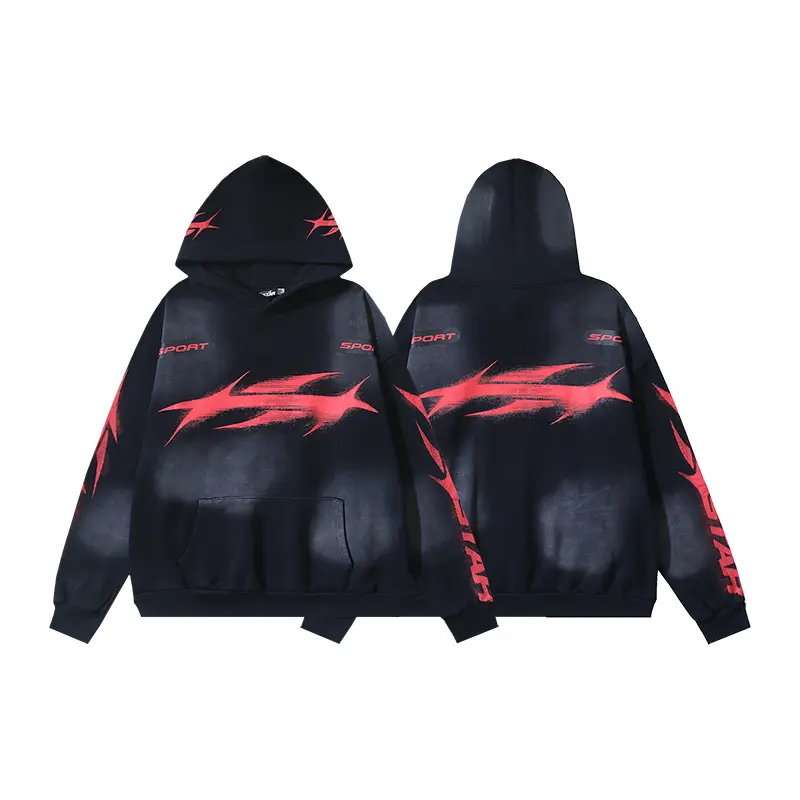 Y2K HELLSTAR Certified Premium Spiky Logo Sweatshirt Faded Black Red Airbrush Rap Hoodie Mens Standard Fit